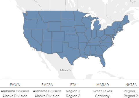 A map of the United States that shows corresponding U.S. Department of Transportation regions for FHWA, FMCSA, FTA, and MARAD.