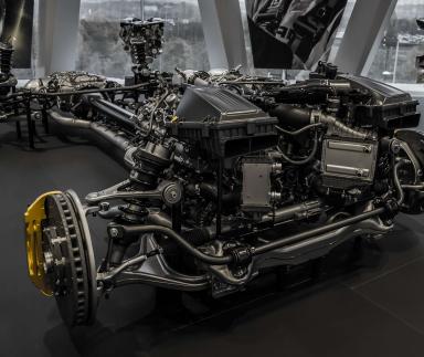 An exposed automobile engine.